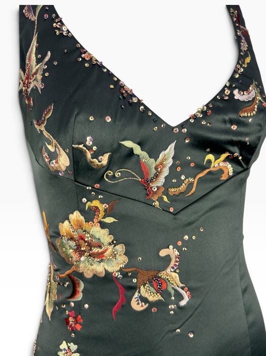 Vintage Mandalay Dress – Darkest Green Satin Embroidered Butterfly Cocktail Dress, Size 4, Deadstock