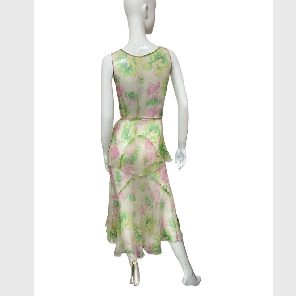 30’s Pink & Green Floral Print Silk Crepe Dress with Matching Capelet and Belt