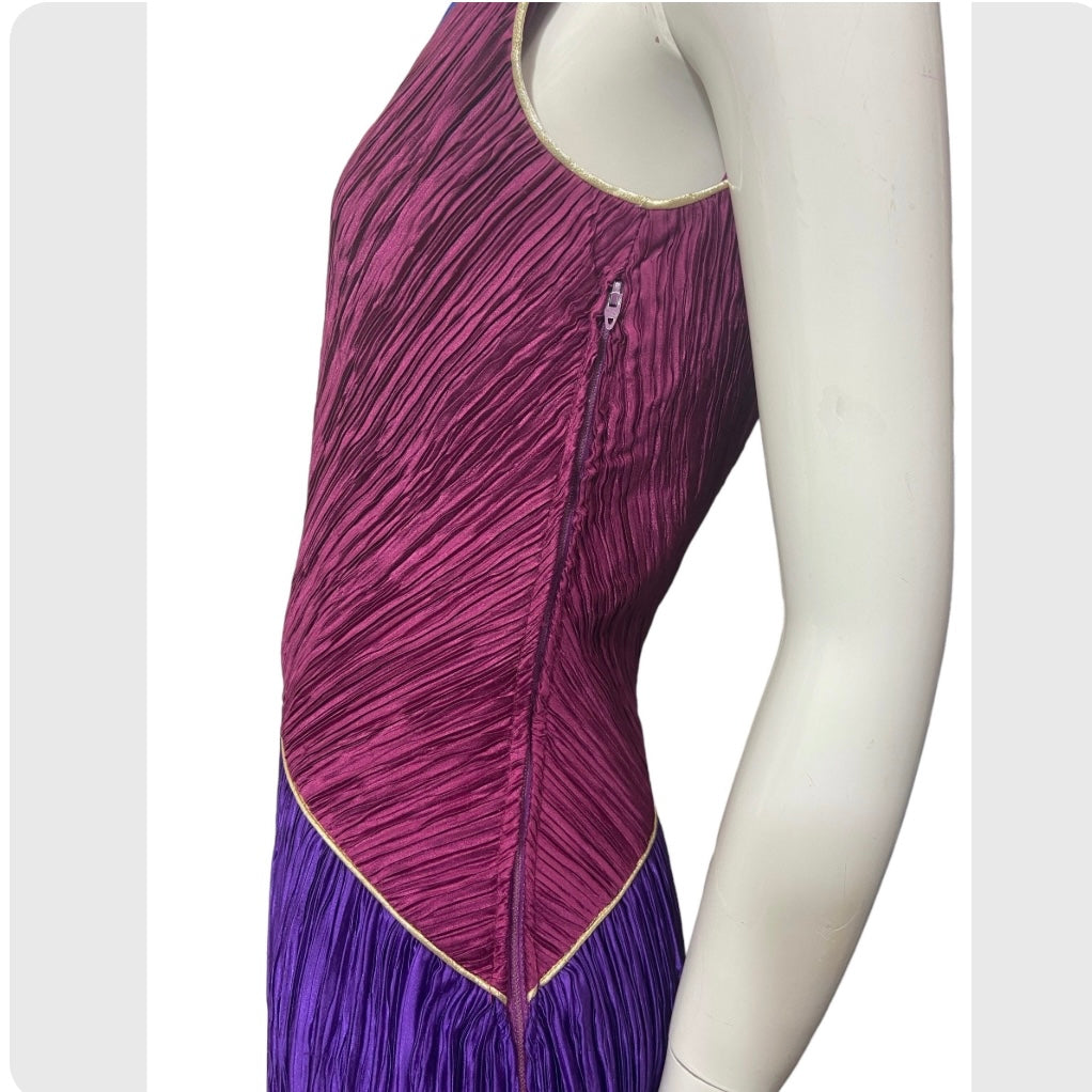 80’s Mary McFadden One Shoulder Colorblock Plisse Gown