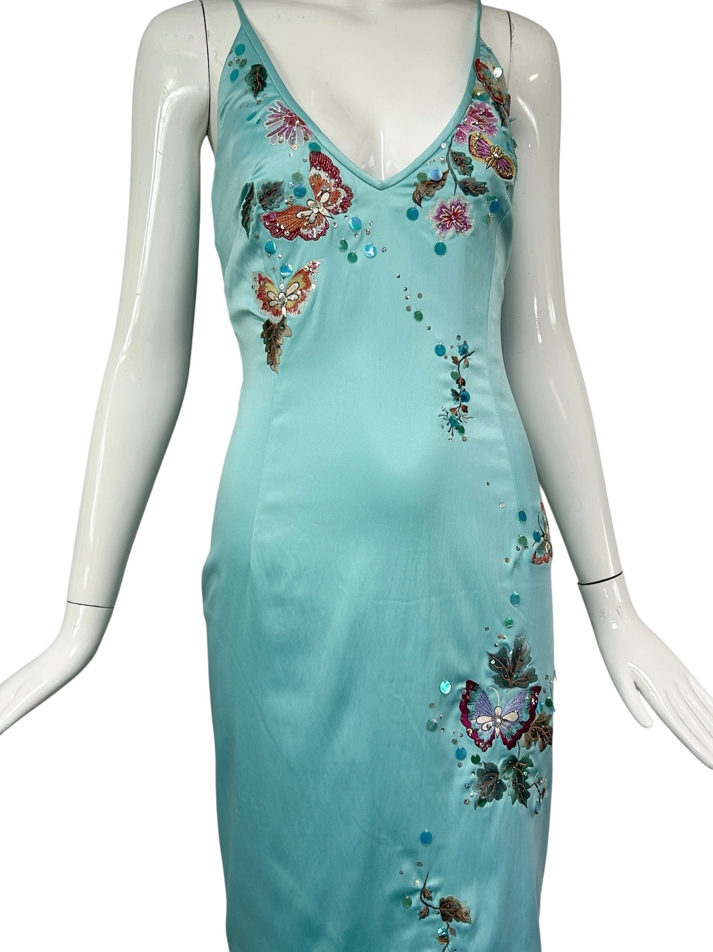 Mandalay Aqua Silk Butterfly Embroidered Dress – Deadstock Y2K Beaded Slip Dress | Size 8