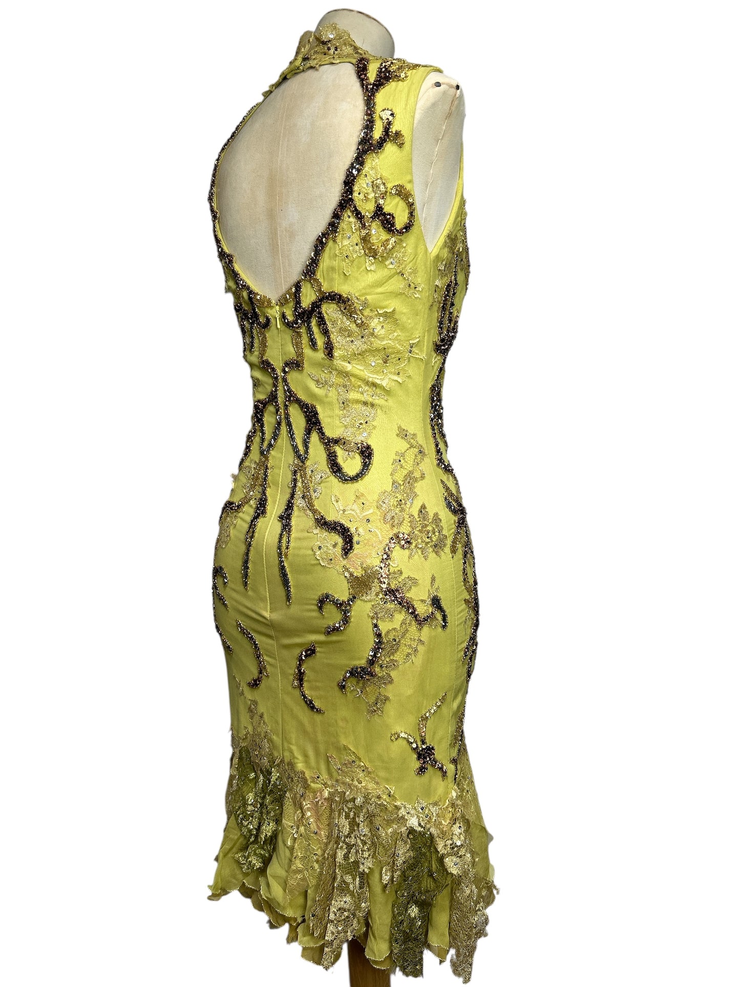 Deadstock Mandalay Heavily Beaded Chartreuse Silk Dress — Size 6. —-AS-IS——