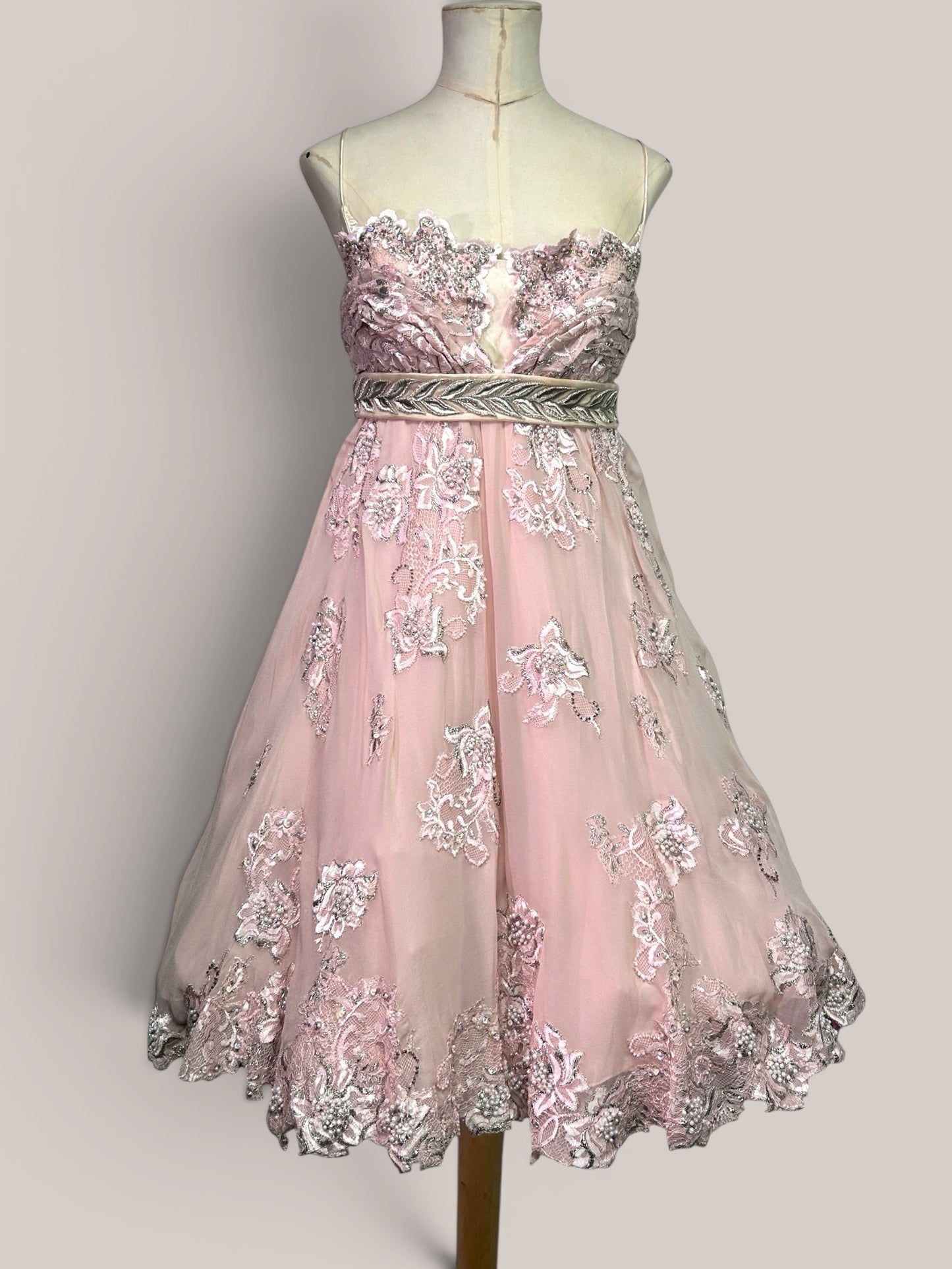Mandalay Deadstock Silk Chiffon Princess Dress in Blush Pink | Beaded Empire Waist | Size 10