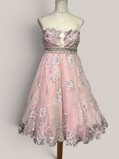 Mandalay Deadstock Silk Chiffon Princess Dress in Blush Pink | Beaded Empire Waist | Size 10