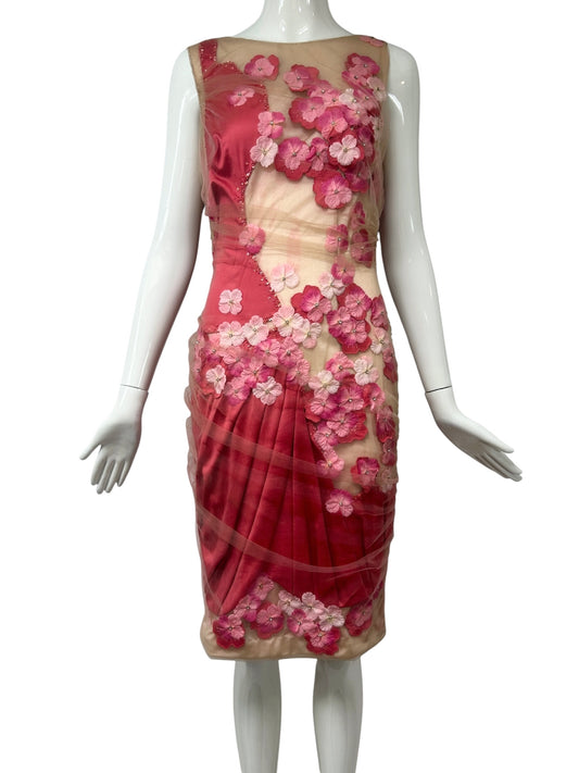 Mandalay Illusion Floral Appliqué Dress – Deadstock Y2K Mesh Cocktail Dress | Size 6. AS-IS