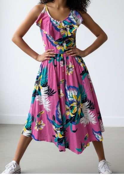 1980s Tropical Print Sundress with Pockets