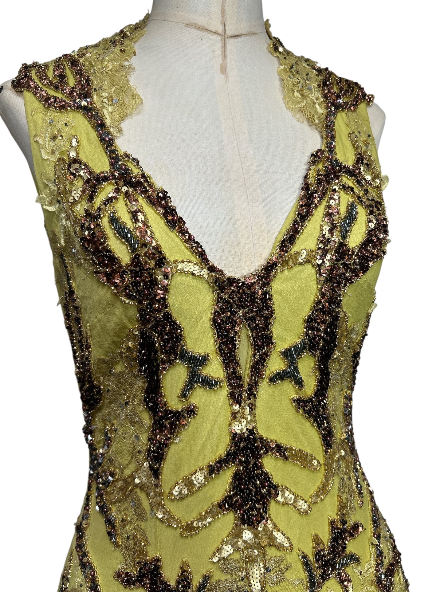 Deadstock Mandalay Heavily Beaded Chartreuse Silk Dress — Size 6. —-AS-IS——