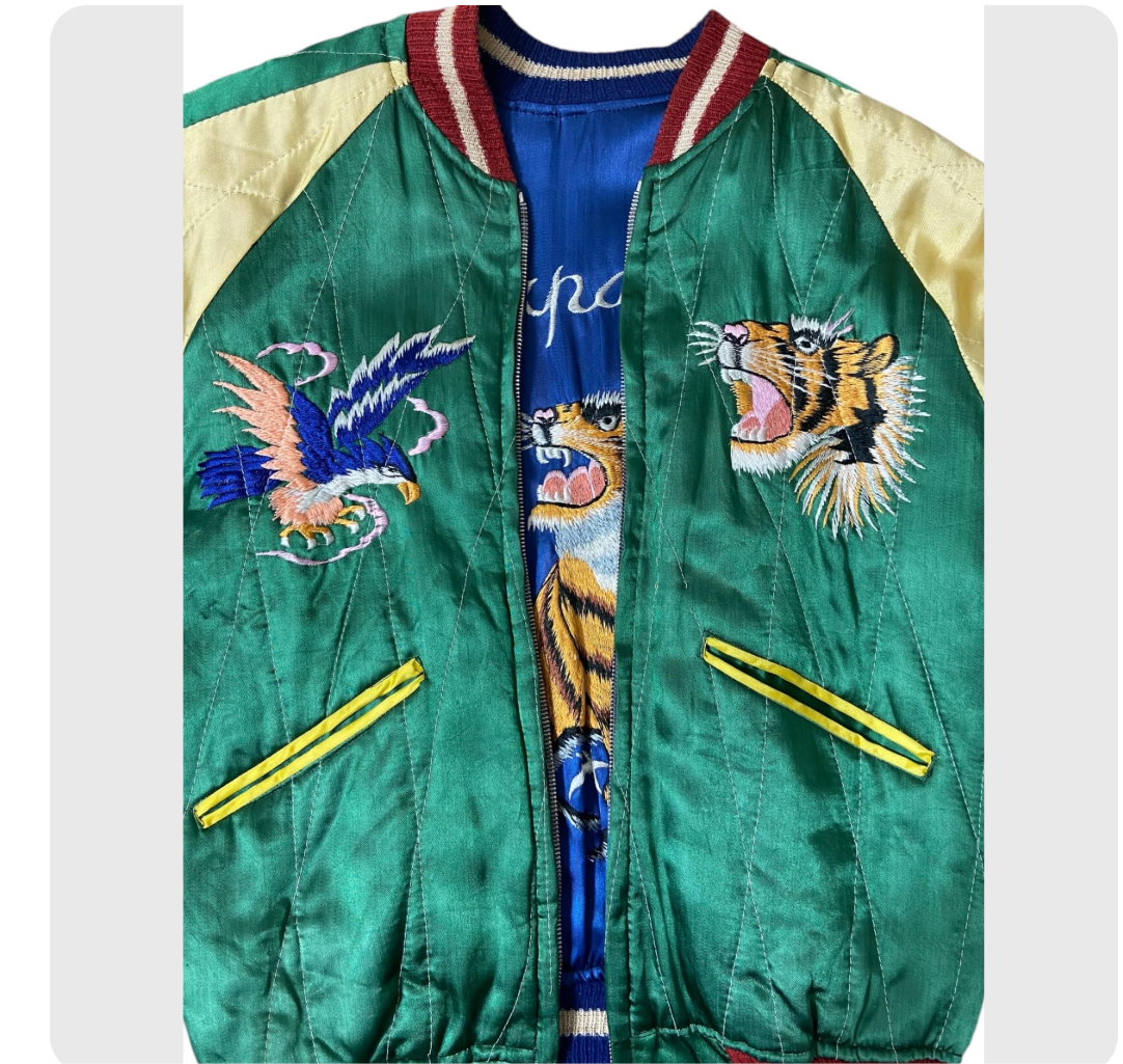 REVERSIBLE 50’s Satin Bomber Japan Souvenir Jacket with Tiger, Eagle and Map Embroidery