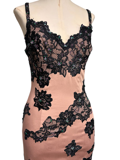 Deadstock Mandalay Pink Silky stretch Dress with Black Lace & Beaded Appliqué — Size 6