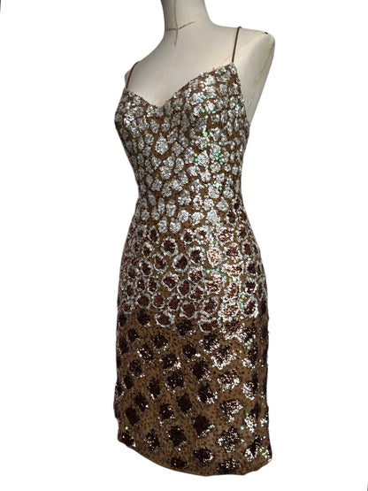 Deadstock Mandalay Bronze Sequin Silk Chiffon Dress — Size 6 — Embellished Vintage Mandalay