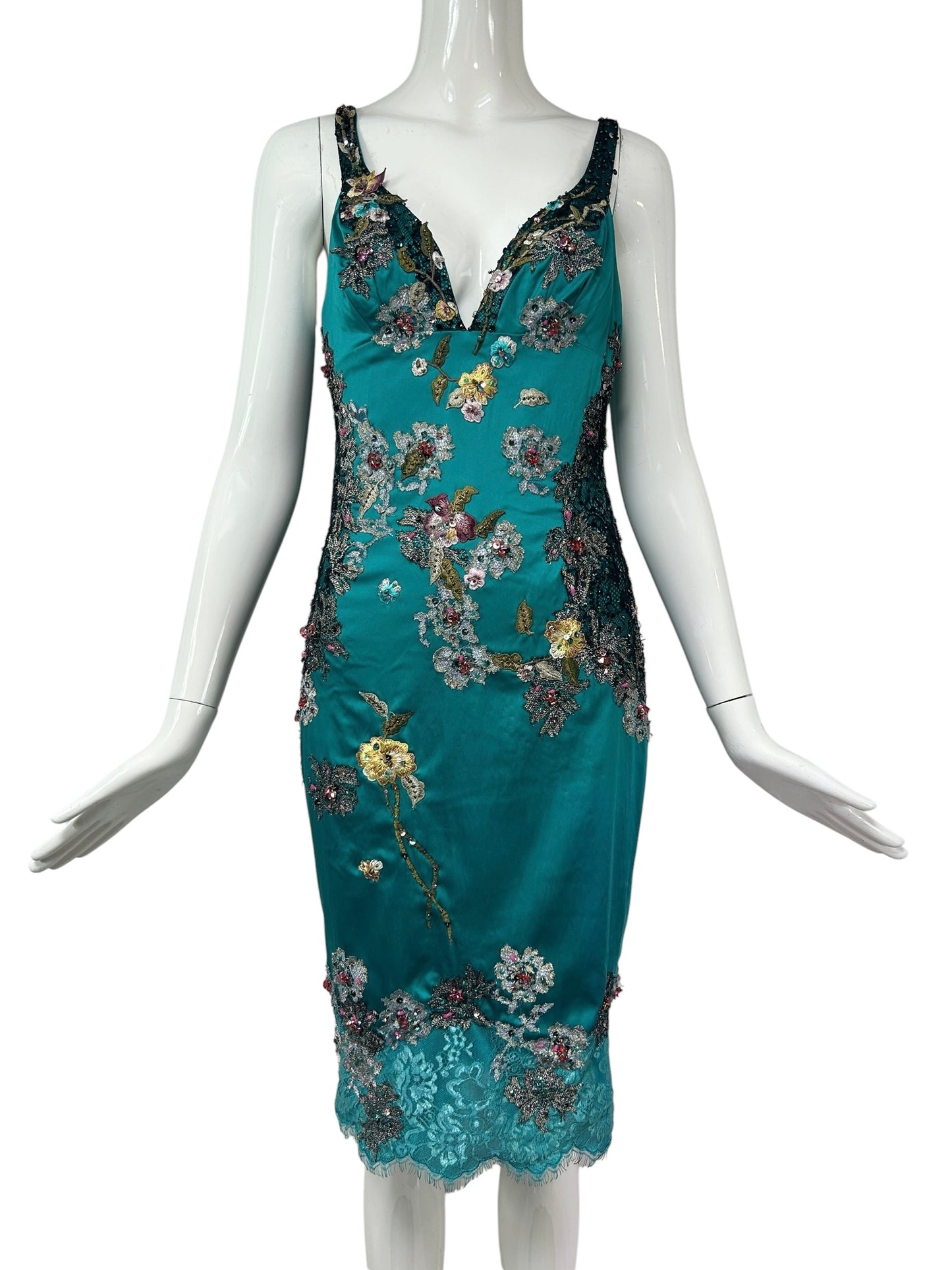 Mandalay Peacock Stretch Satin Beaded Cocktail Dress – Deadstock Y2K Embroidered Dress | Size 6