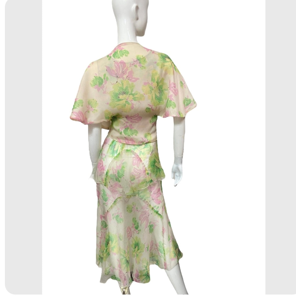 30’s Pink & Green Floral Print Silk Crepe Dress with Matching Capelet and Belt