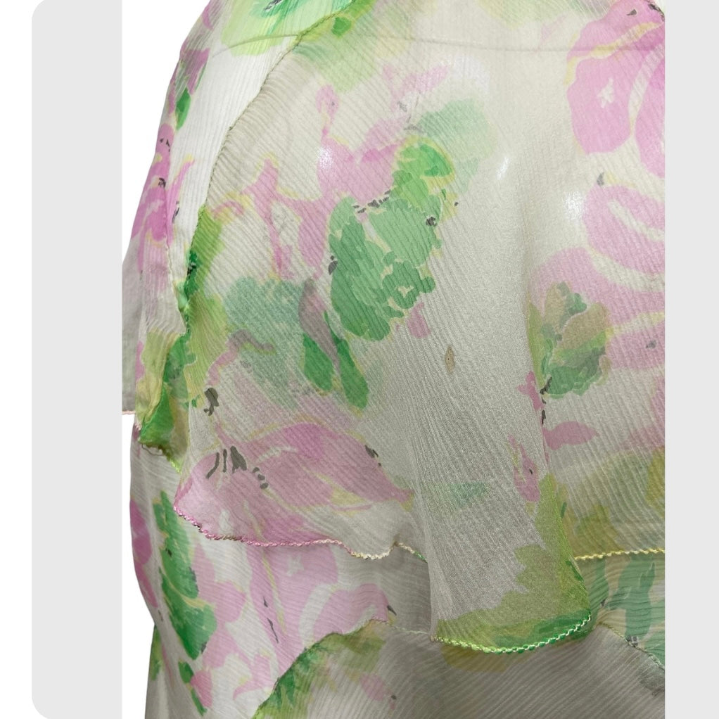 30’s Pink & Green Floral Print Silk Crepe Dress with Matching Capelet and Belt