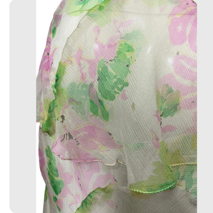 30’s Pink & Green Floral Print Silk Crepe Dress with Matching Capelet and Belt