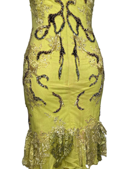 Deadstock Mandalay Heavily Beaded Chartreuse Silk Dress — Size 6. —-AS-IS——