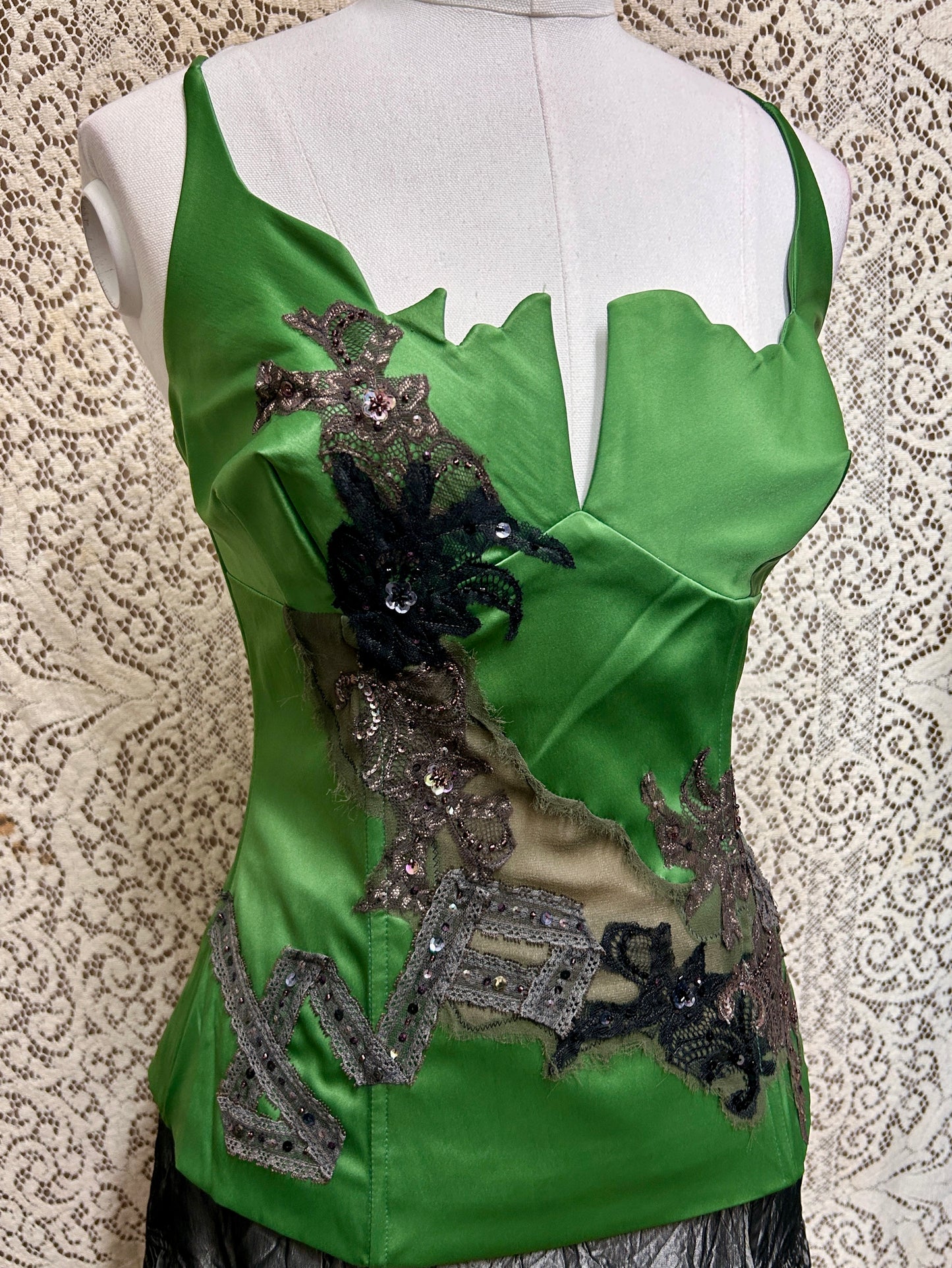 Deadstock Y2K Mandalay Emerald Satin Corset Top — Hand-Embellished Lace