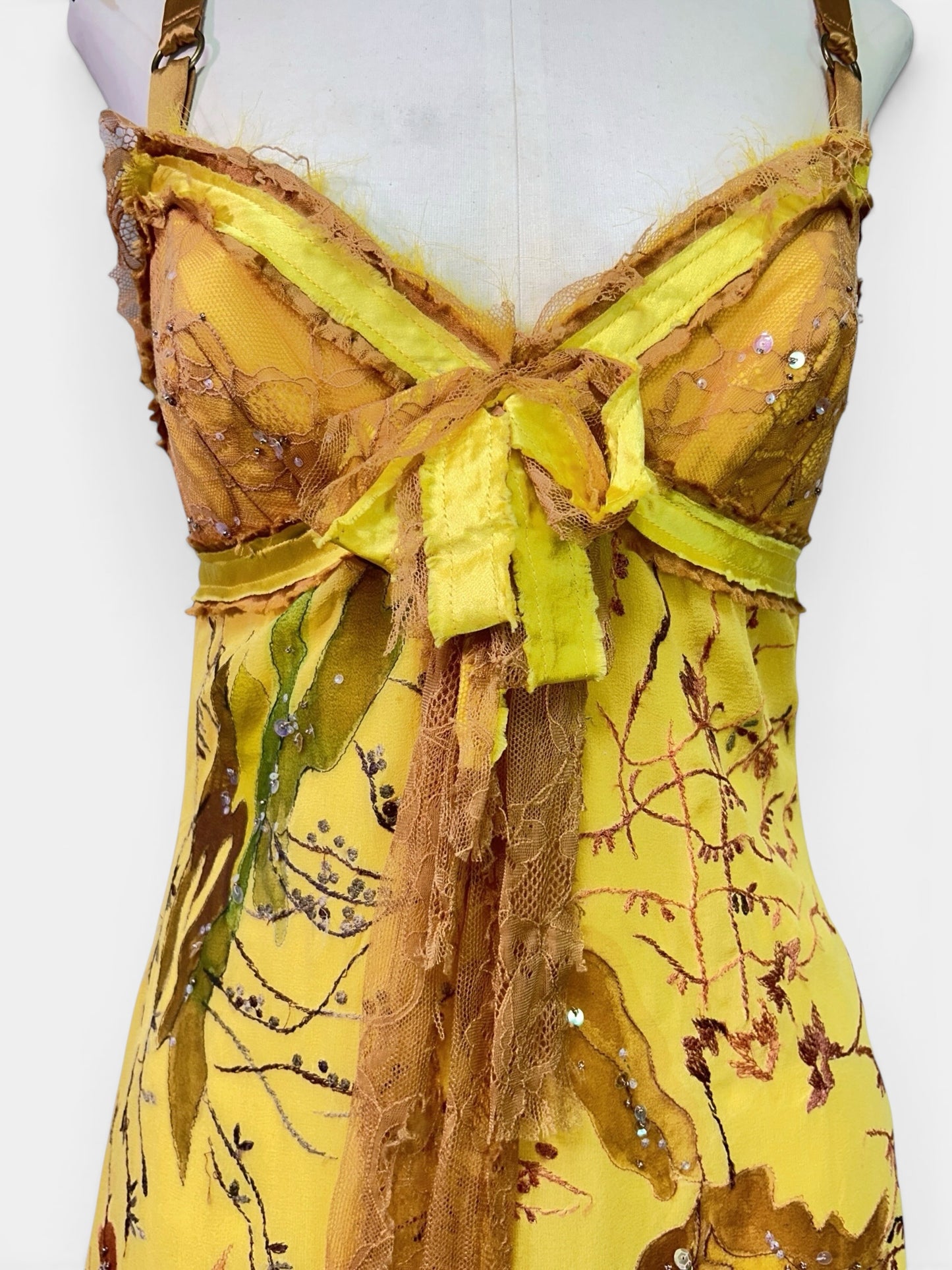 Mandalay One-of-a-Kind Silk Chiffon Beaded Fairy Babydoll Dress | Golden Chartreuse Appliqué | Size 6