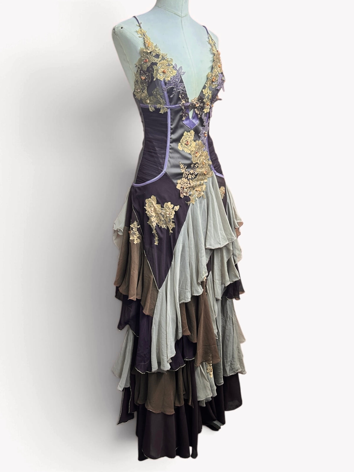 Mandalay Long Layered Silk Gown with Lace and Beaded Details Brown and Lavender size 12