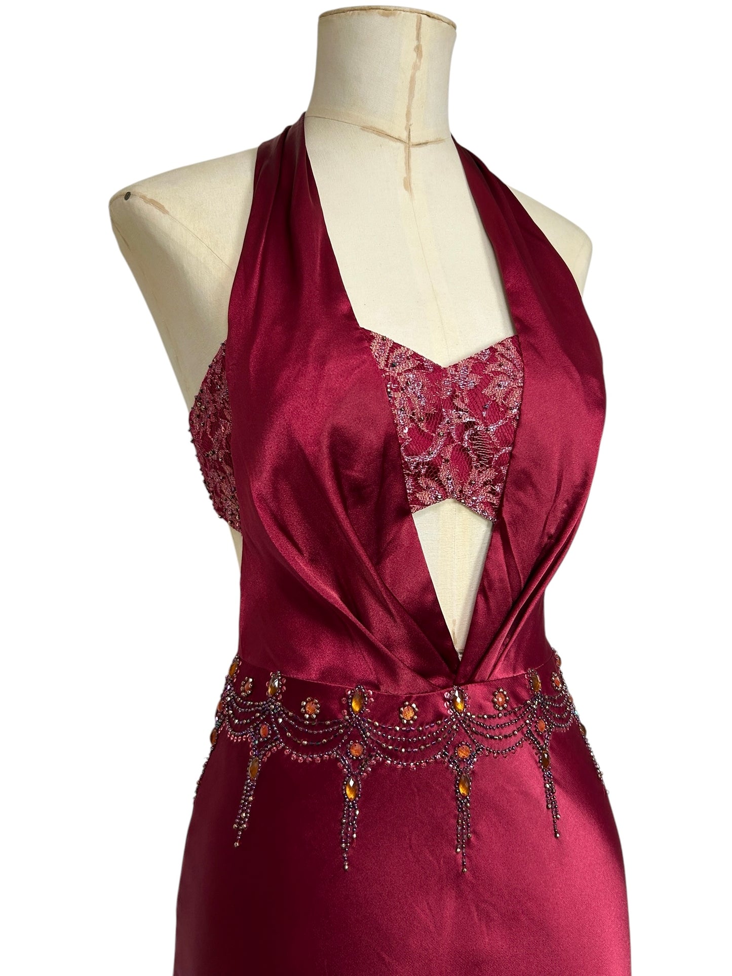 Deadstock Mandalay Burgundy Satin Cutout Halter Gown – Size 2