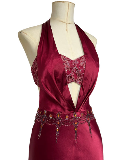 Deadstock Mandalay Burgundy Satin Cutout Halter Gown – Size 2