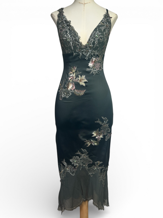 Deadstock Mandalay Dark Gray Silk Satin Dress — Size 4