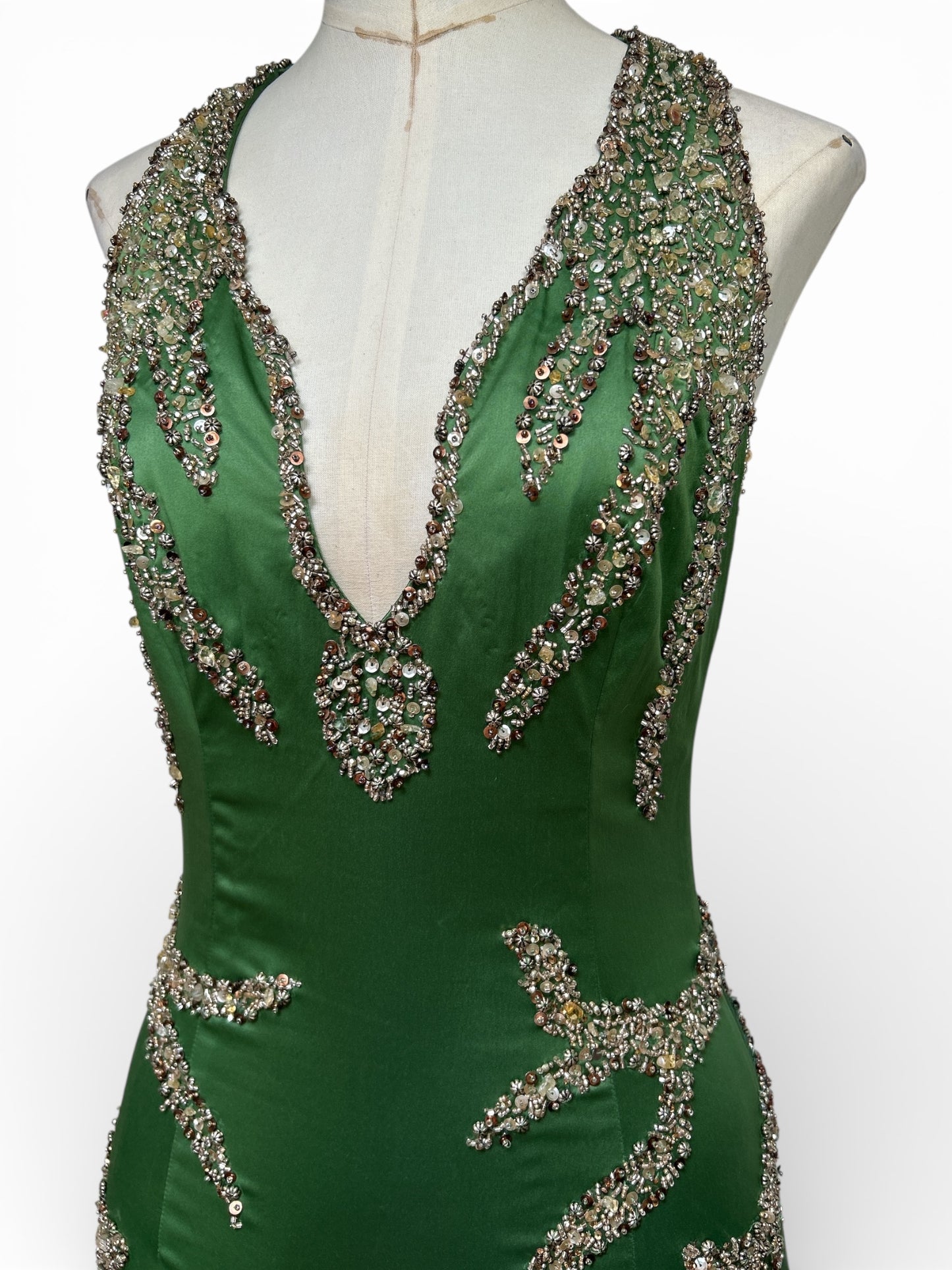 Deadstock Mandalay Emerald Beaded Open-Back Dress — Size 6