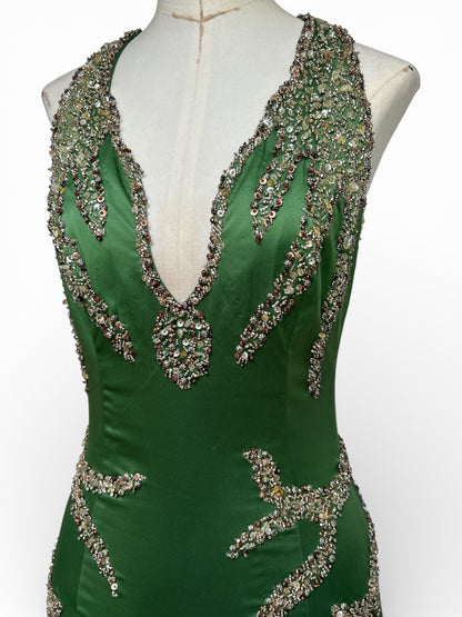 Deadstock Mandalay Emerald Beaded Open-Back Dress — Size 6