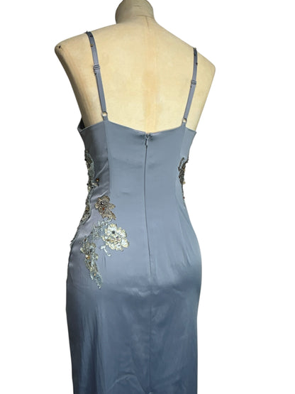 Deadstock Mandalay French Blue Wrap Stretch Satin Beaded Embroidered Dress — Size 6