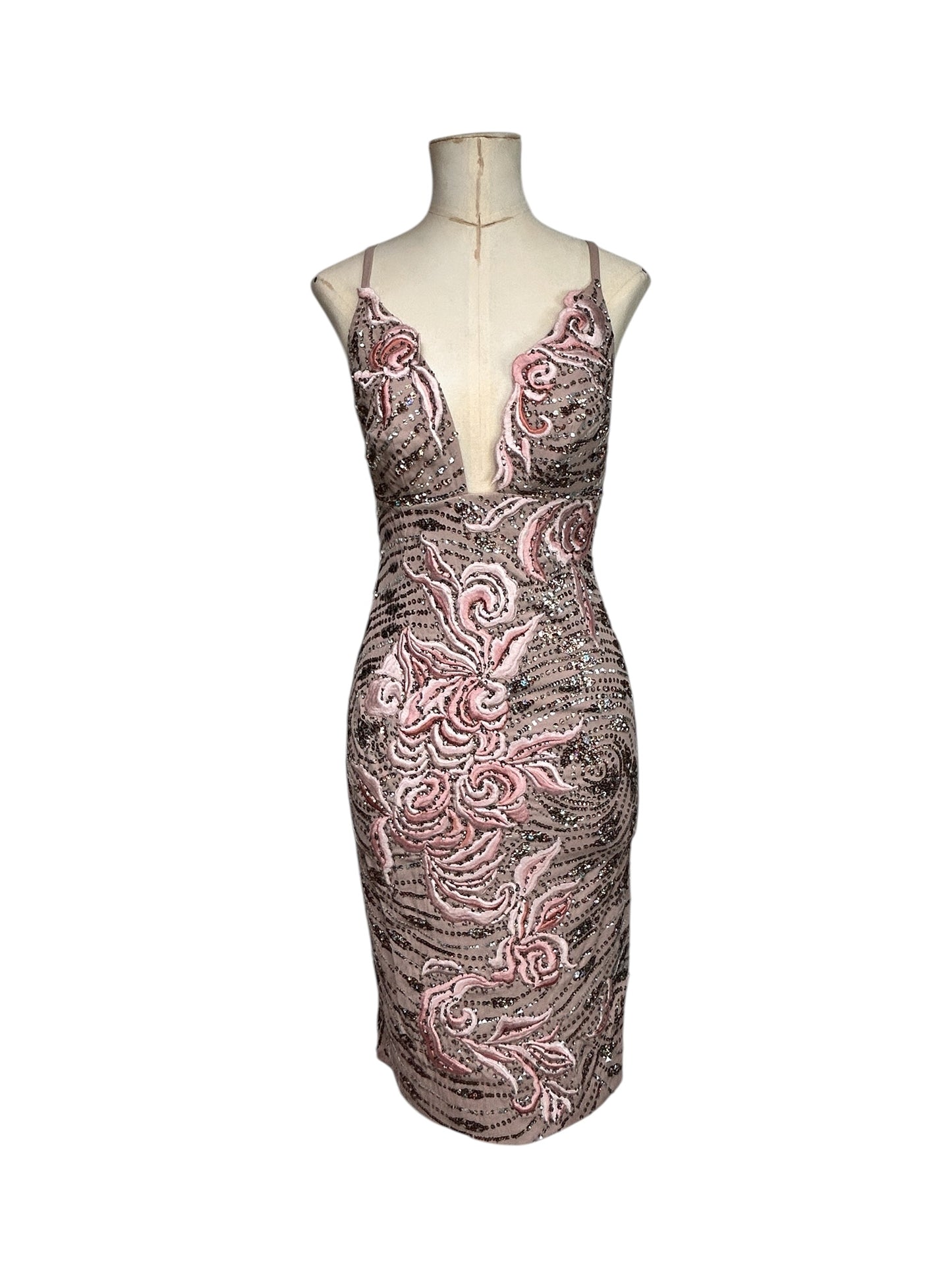Deadstock Mandalay Blush Taupe Embroidered Sequin Dress — Size 6