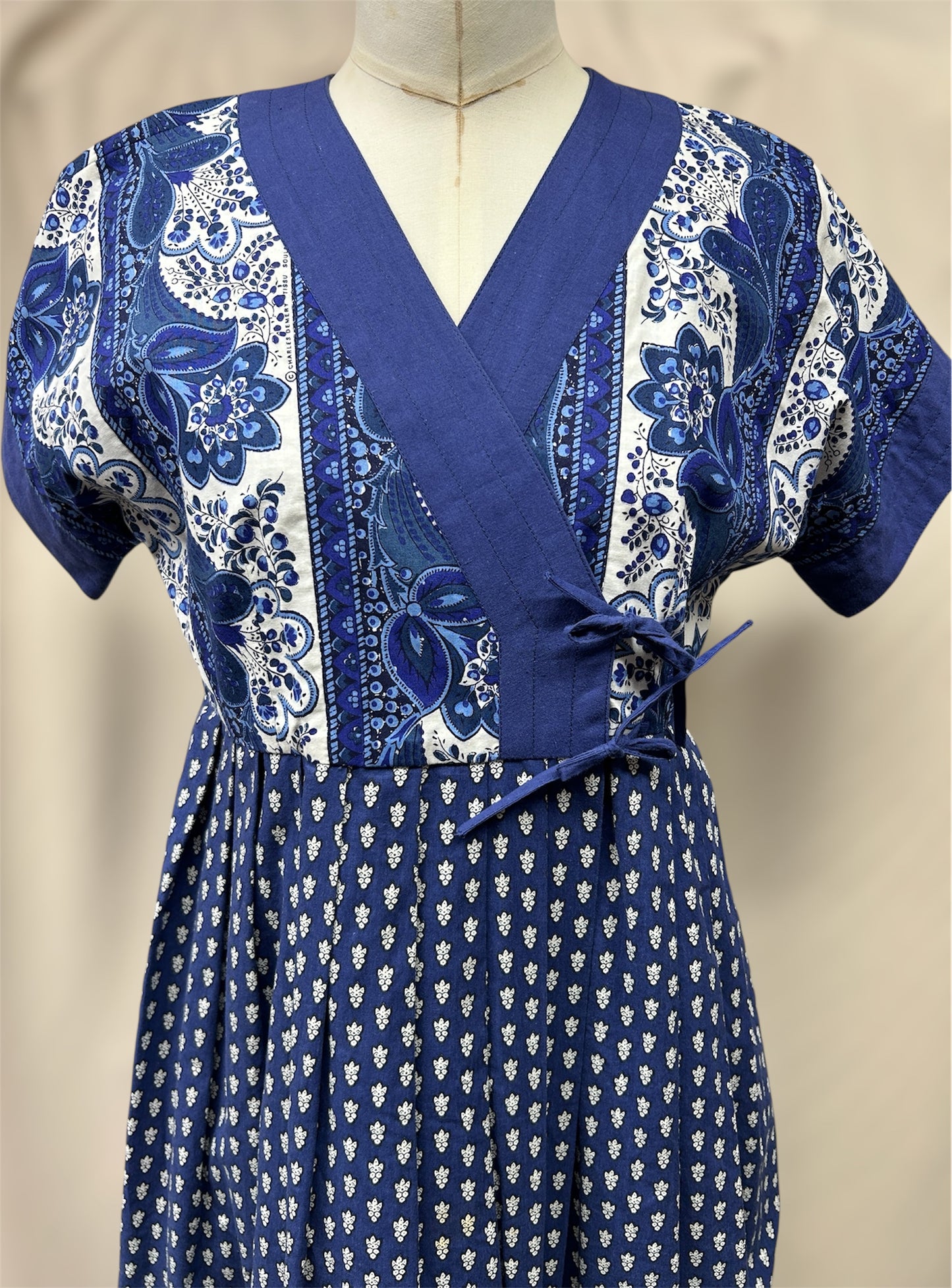 Vintage Pierre Deux by Soledad Cotton Wrap Dress – Blue & White Floral Block Print 