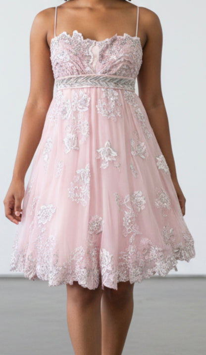 Mandalay Deadstock Silk Chiffon Princess Dress in Blush Pink | Beaded Empire Waist | Size 10