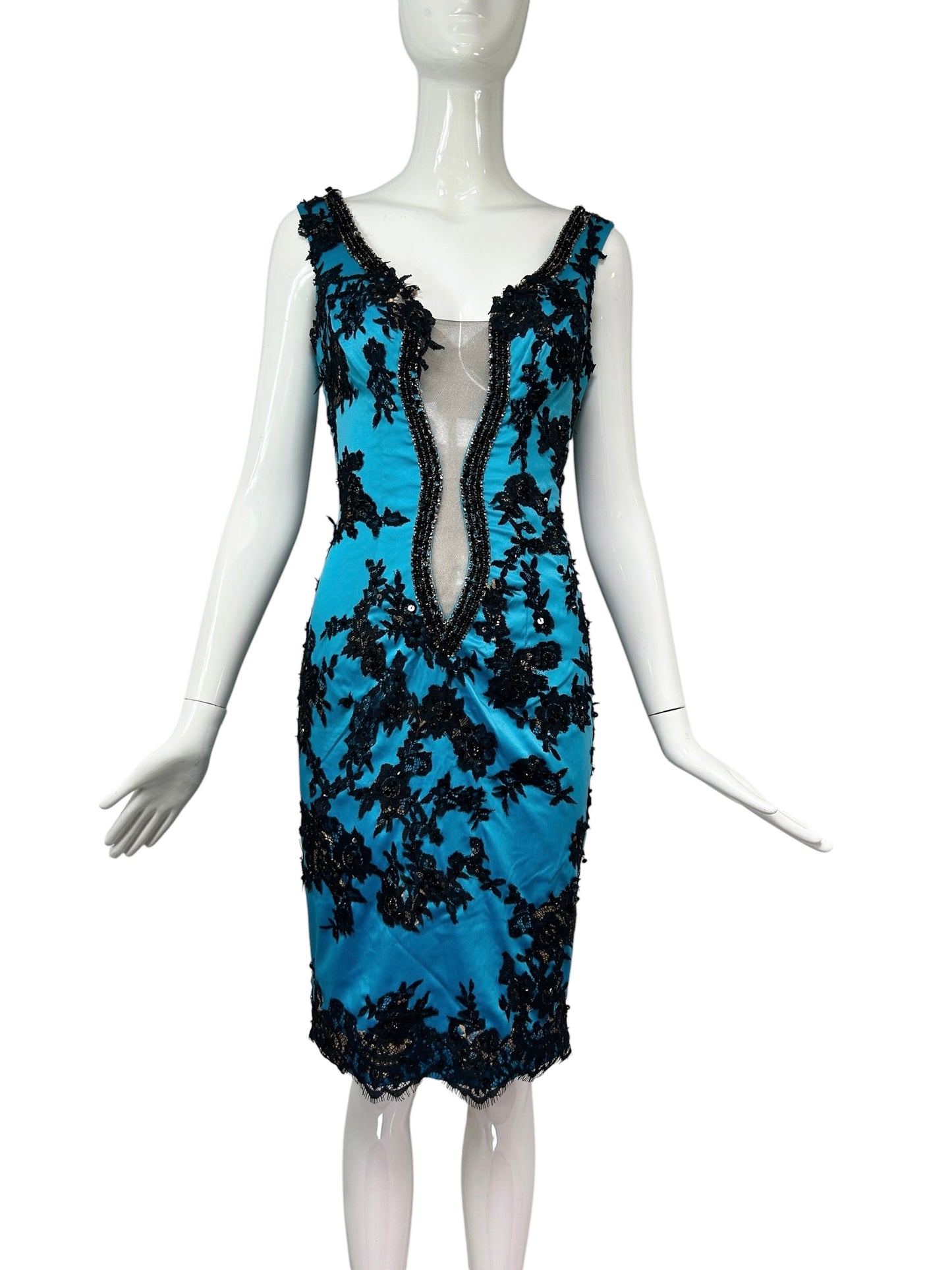 Mandalay Blue Illusion Lace Cocktail Dress – Deadstock Y2K Satin Dress – Cannonball and Tilly