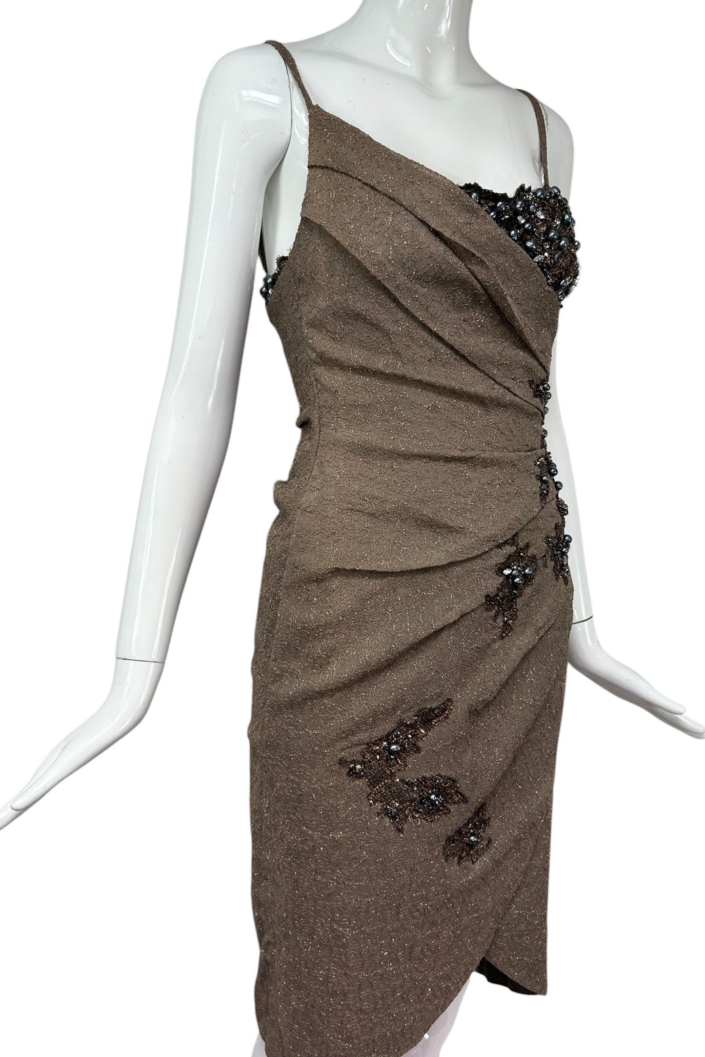 Mandalay Cocoa Embroidered Wrap Dress – Deadstock Beaded Cocktail Dress | Size 6