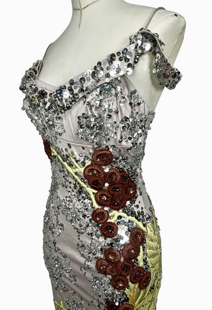 Extraordinary One-of-a-Kind Deadstock Mandalay 1940s Inspired Sequin Embroidered Cocktail Dress – Glamorous Y2K Designer Evening Wiggle Dress Size 6