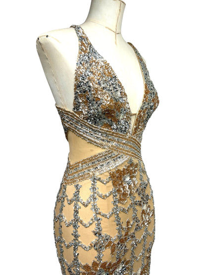 Champagne Deadstock Mandalay Silk Chiffon Beaded Dress – Size 2