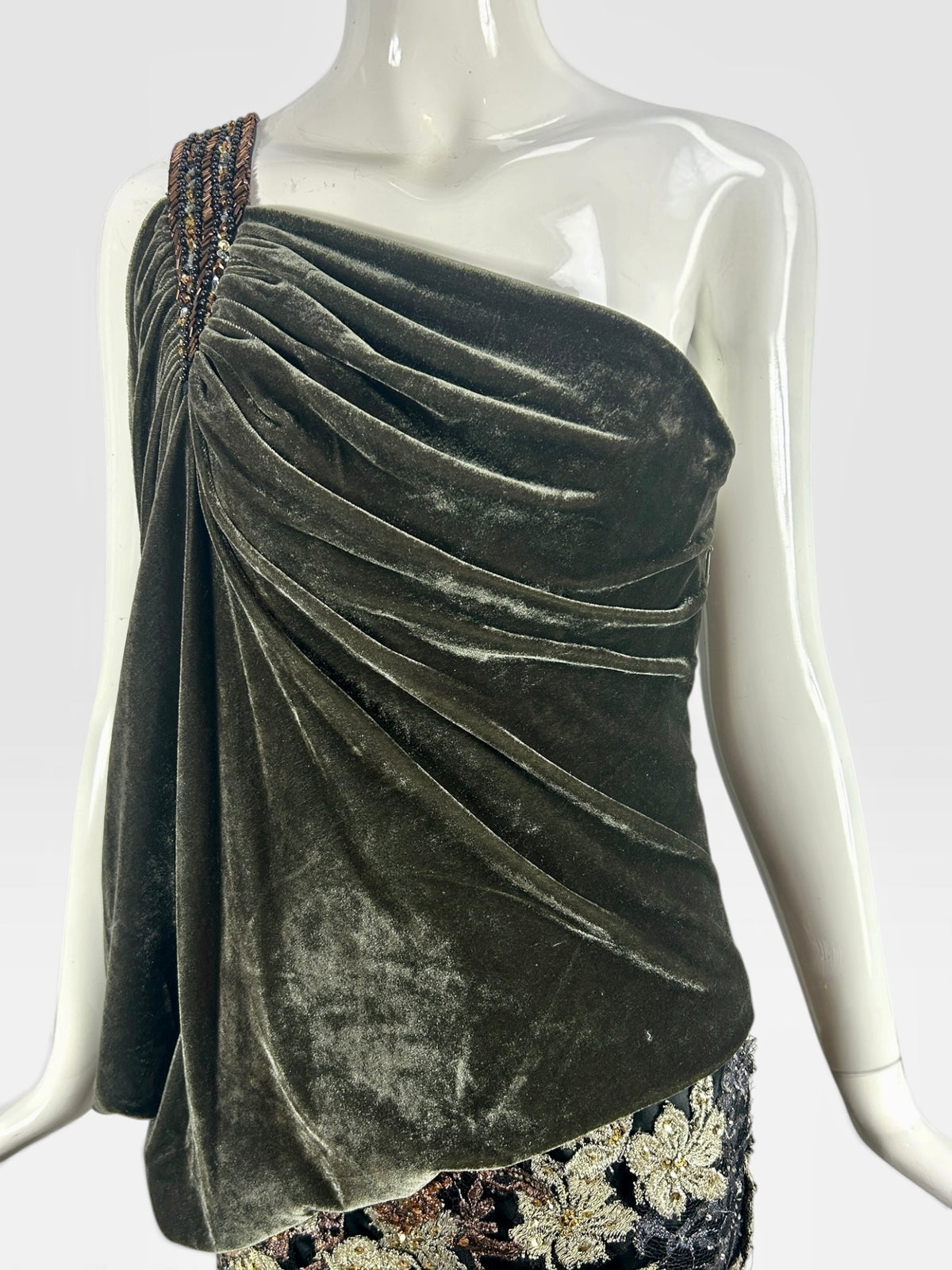 Crushed velvet olive and black one shoulder, Mandalay dress size 8