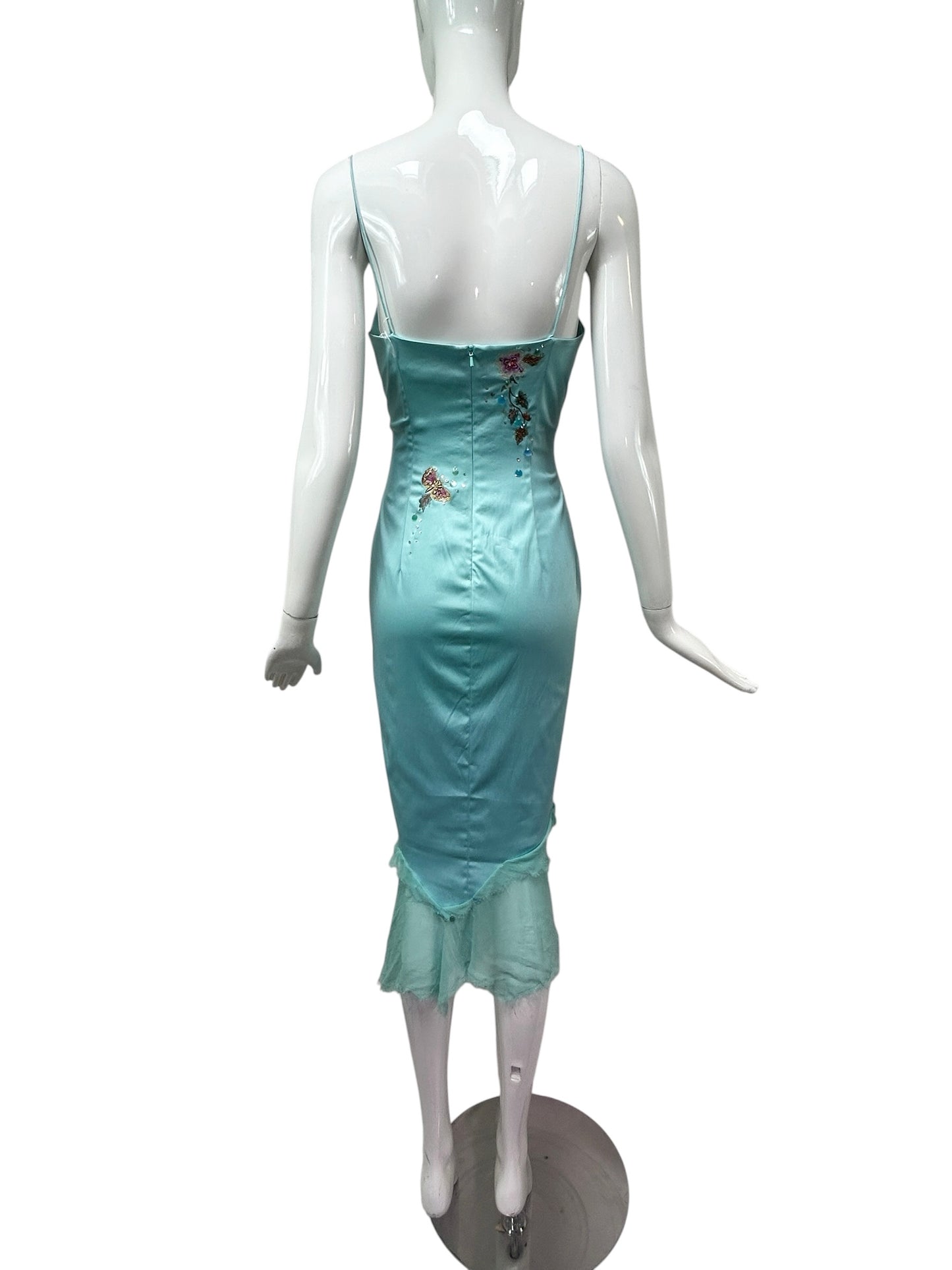Mandalay Aqua Silk Butterfly Embroidered Dress – Deadstock Y2K Beaded Slip Dress | Size 8