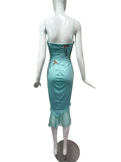 Mandalay Aqua Silk Butterfly Embroidered Dress – Deadstock Y2K Beaded Slip Dress | Size 8