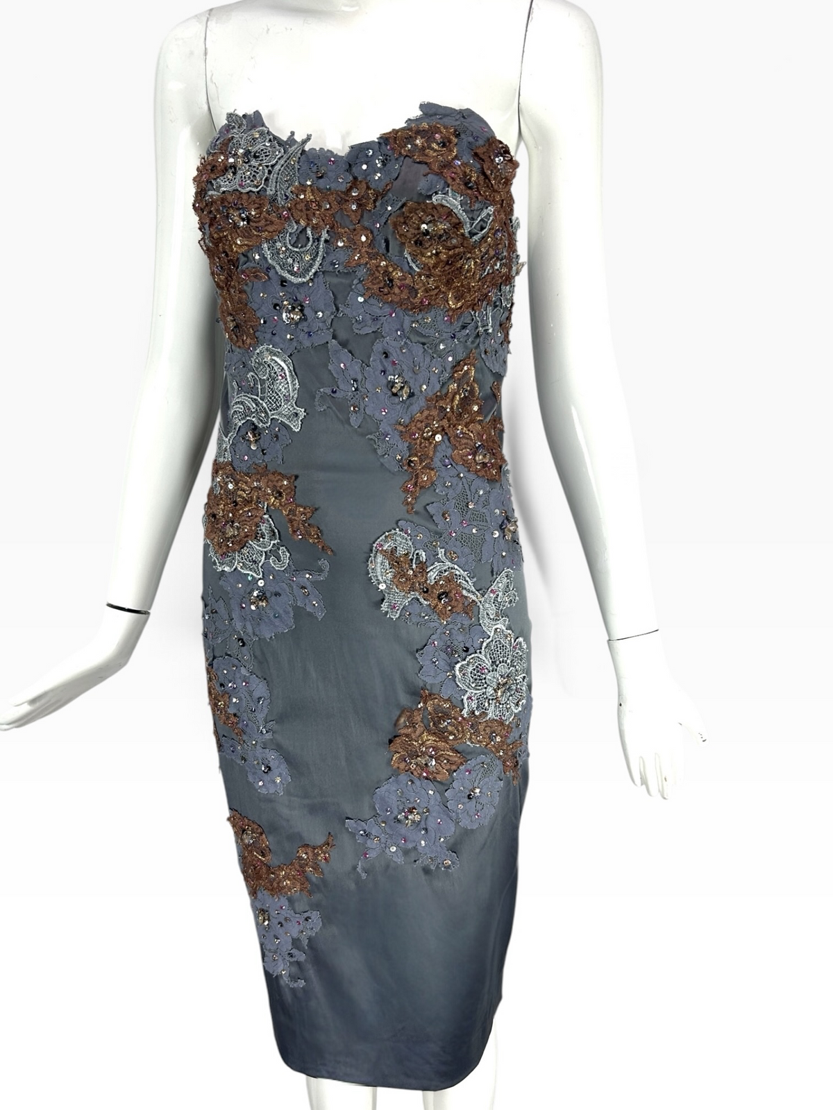 Mandalay Silver Gray Strapless Dress with Brown & Silver Lace Appliqué – Size 6