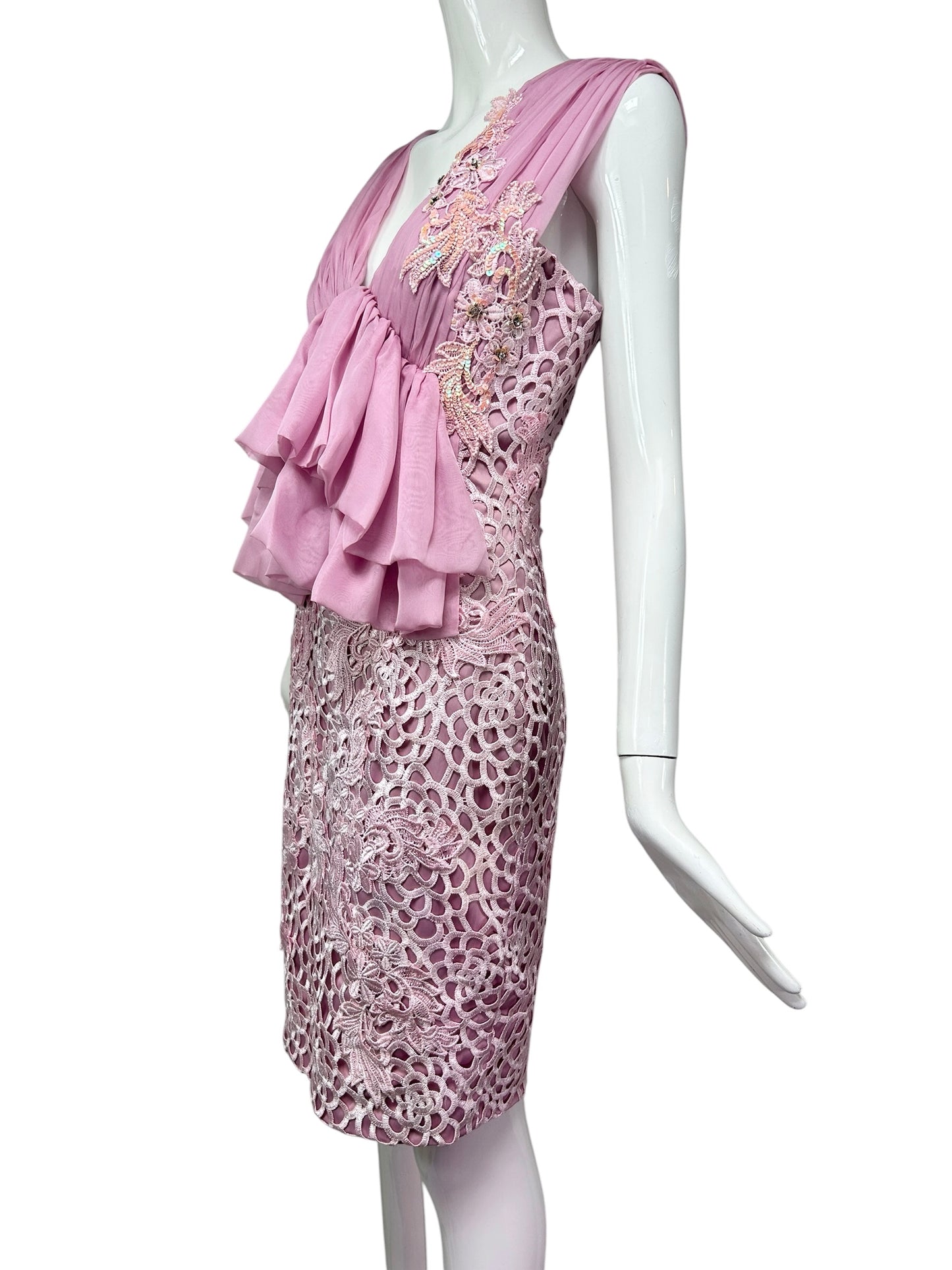 One-of-a-Kind Deadstock Mandalay Pink Appliqué Cocktail Dress | Silk Chiffon & Lace | Y2K Size 6