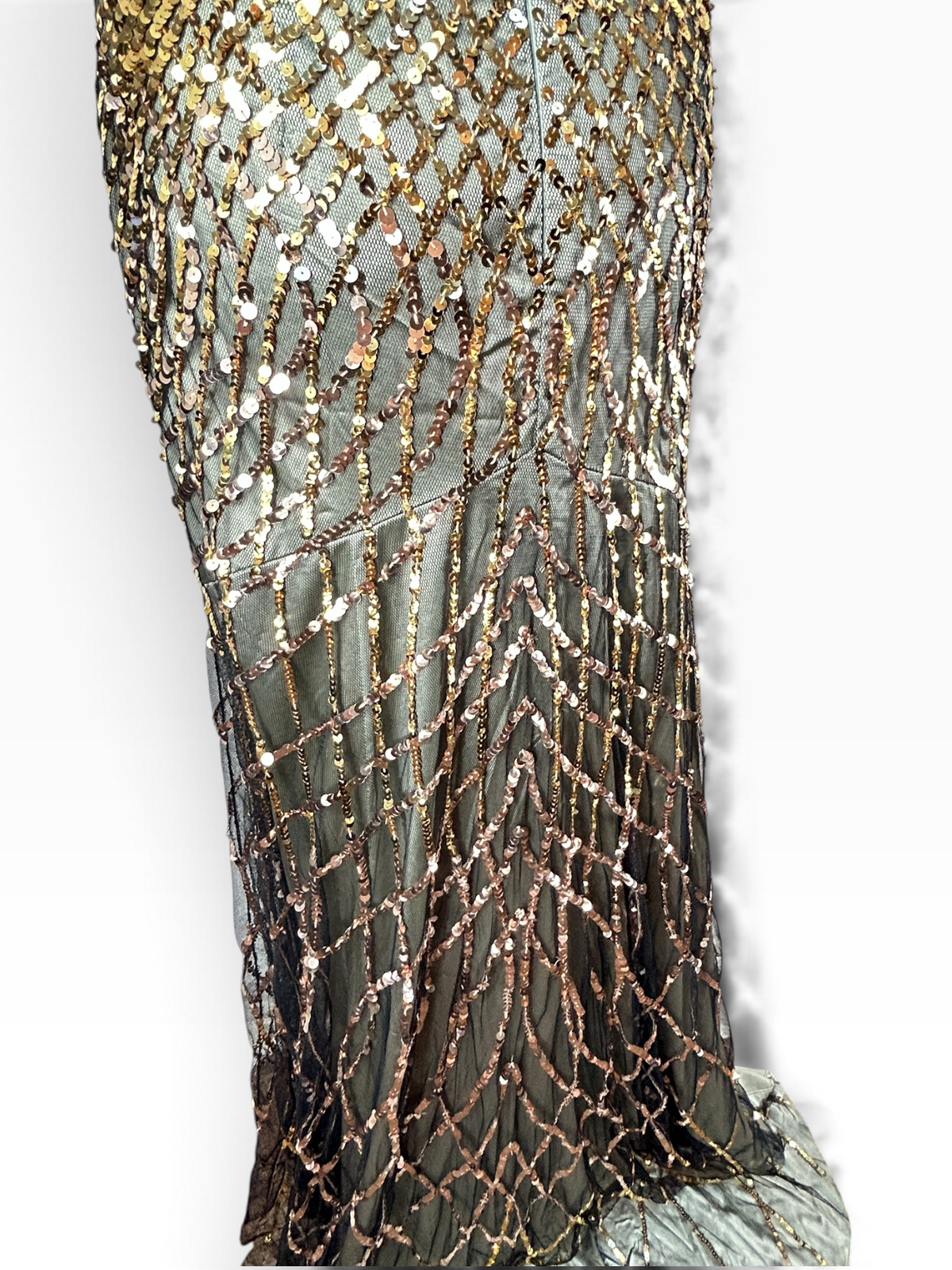 Deadstock Mandalay Gold Sequin & Black Mesh Halter Gown – Size 6