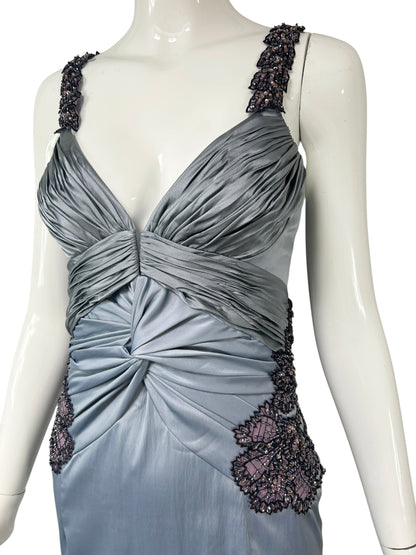Mandalay Silver Blue Ruched Satin Cocktail Dress – Deadstock Y2K Beaded Wiggle Dress | Size 10