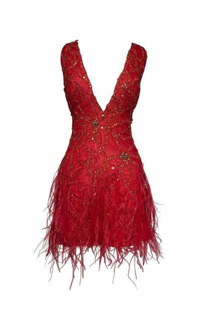 Deadstock Mandalay Beaded Ostrich Feather and Silk Party Dress — Size 4