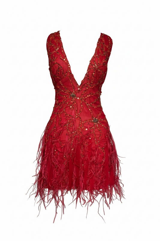 Deadstock Mandalay Beaded Ostrich Feather and Silk Party Dress — Size 4