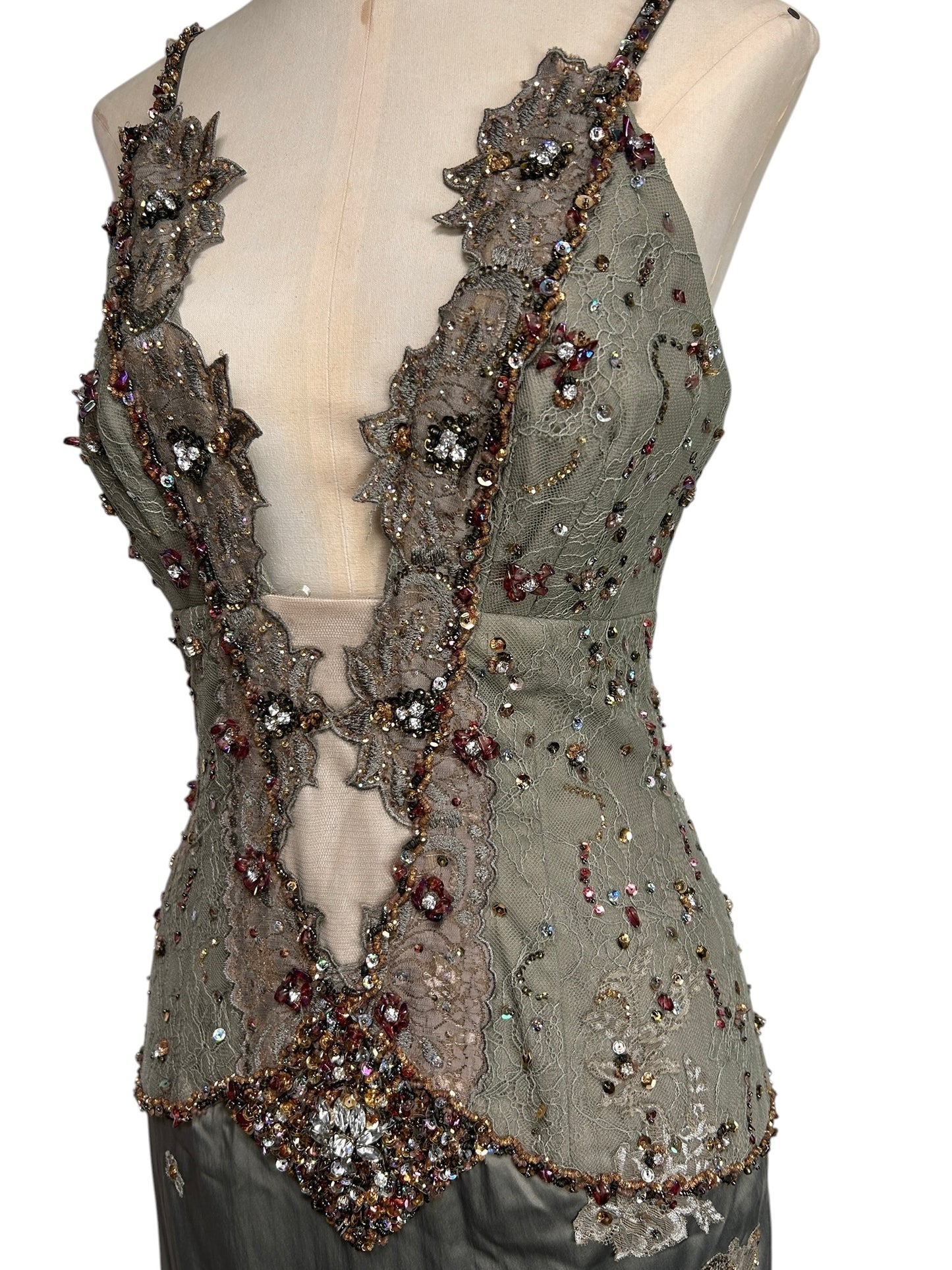 Deadstock Mandalay Sage Green Beaded Lace Silky Satin Dress — Size 8