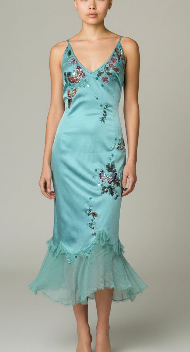 Mandalay Aqua Silk Butterfly Embroidered Dress – Deadstock Y2K Beaded Slip Dress | Size 8