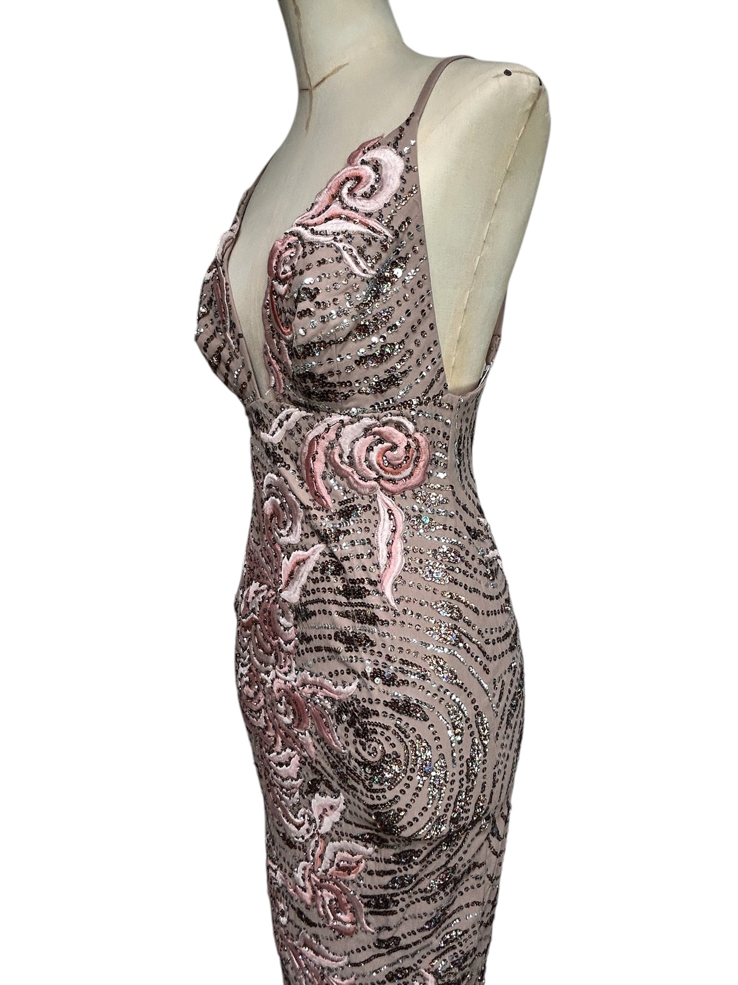 Deadstock Mandalay Blush Taupe Embroidered Sequin Dress — Size 6