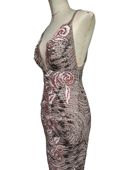 Deadstock Mandalay Blush Taupe Embroidered Sequin Dress — Size 6