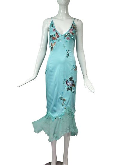 Mandalay Aqua Silk Butterfly Embroidered Dress – Deadstock Y2K Beaded Slip Dress | Size 8