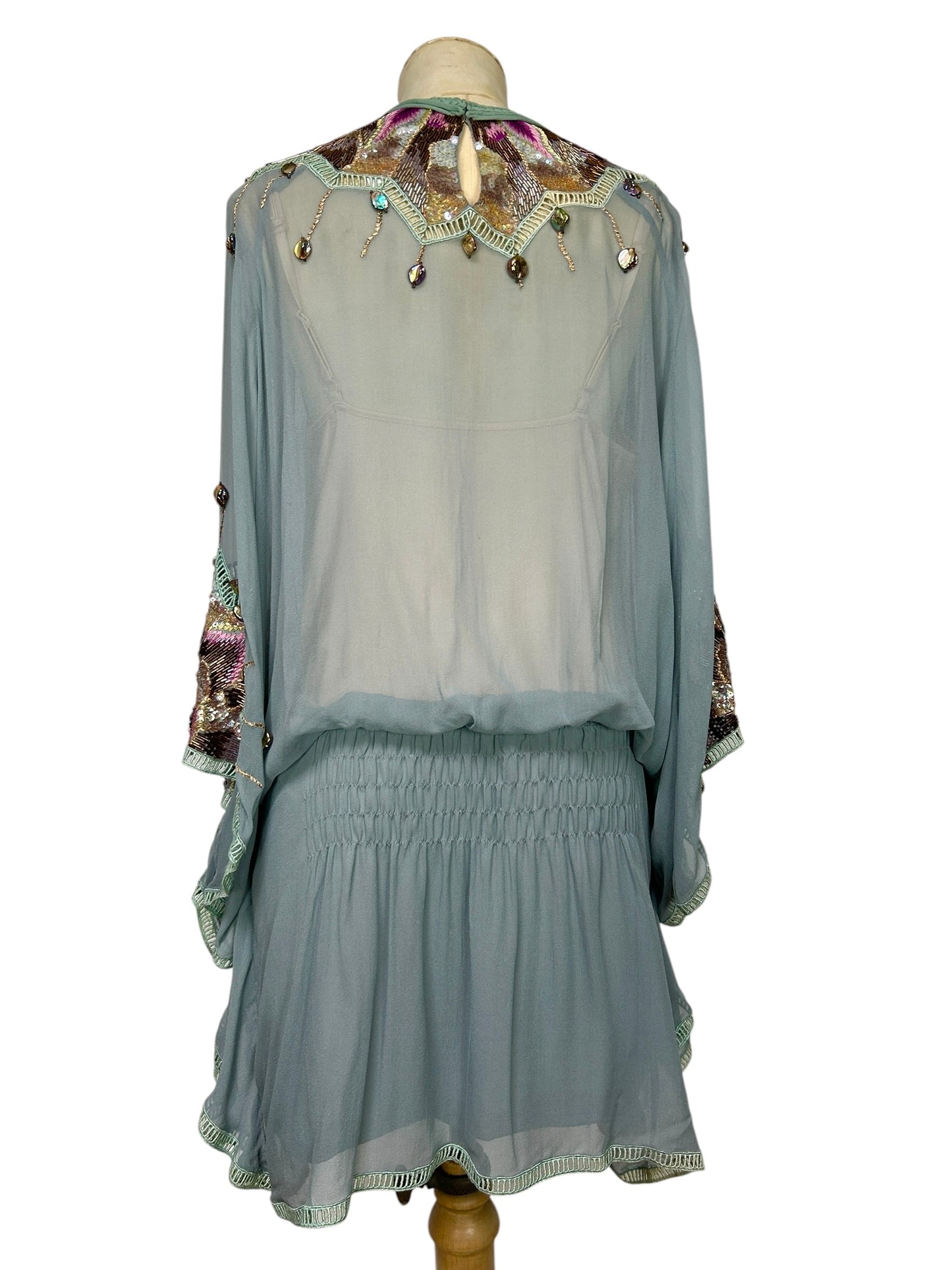 Robin Egg Blue Silk Chiffon Beaded  Mandalay deadstock Tunic size 6