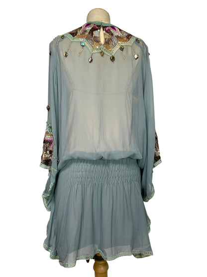 Robin Egg Blue Silk Chiffon Beaded  Mandalay deadstock Tunic size 6